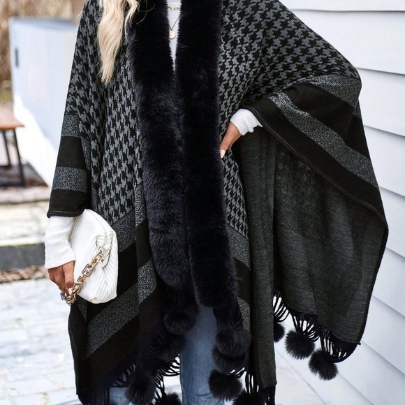 Black Preppy Womens Houndstooth Pattern Pom Pom Decor Fringe Hem Cape Cardigan - Picture 3 of 5